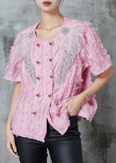 DIY Rosa Chiffon-Hemd mit Quasten und zweireihigem Saum, Sommer